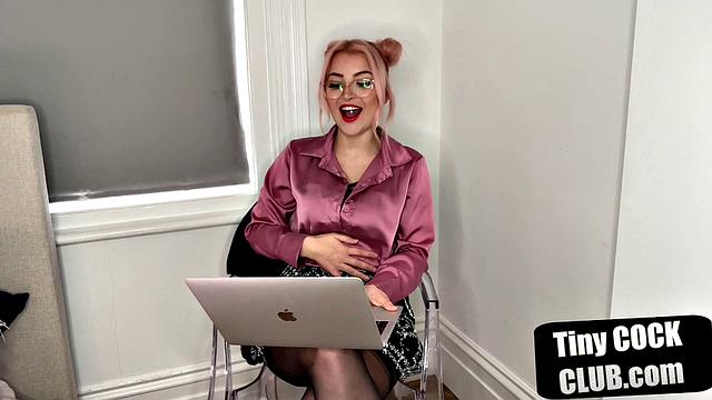 British dominatrix humiliates tiny cock submission with glasses and stockings on