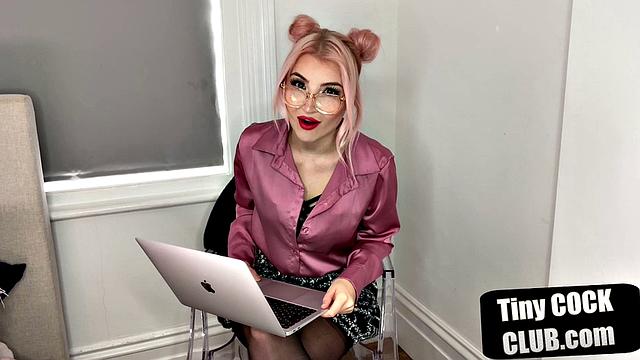 British dominatrix humiliates tiny cock submission with glasses and stockings on