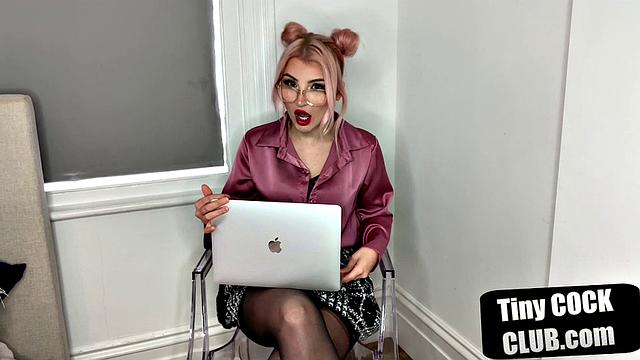 British dominatrix humiliates tiny cock submission with glasses and stockings on