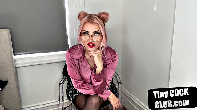 British dominatrix humiliates tiny cock submission with glasses and stockings on