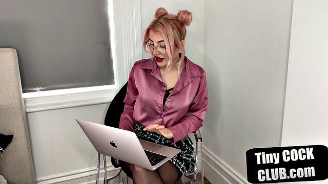 British dominatrix humiliates tiny cock submission with glasses and stockings on