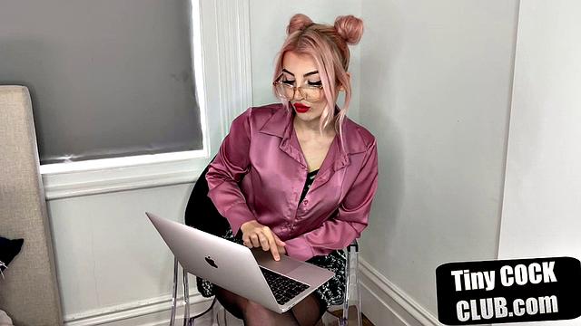 British dominatrix humiliates tiny cock submission with glasses and stockings on