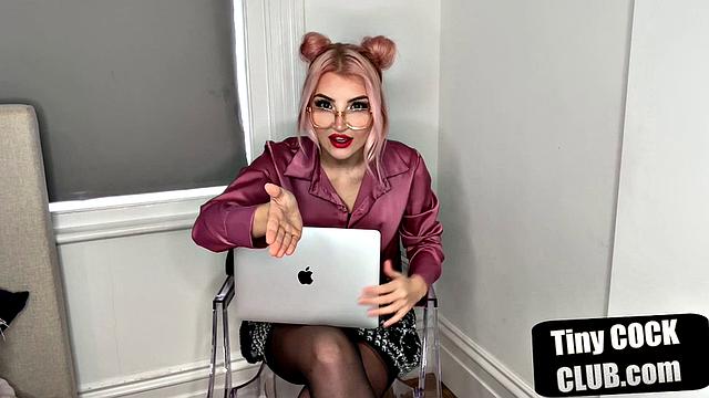 British dominatrix humiliates tiny cock submission with glasses and stockings on