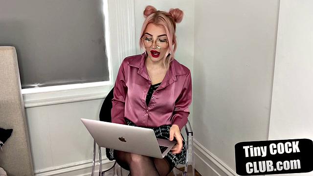 British dominatrix humiliates tiny cock submission with glasses and stockings on