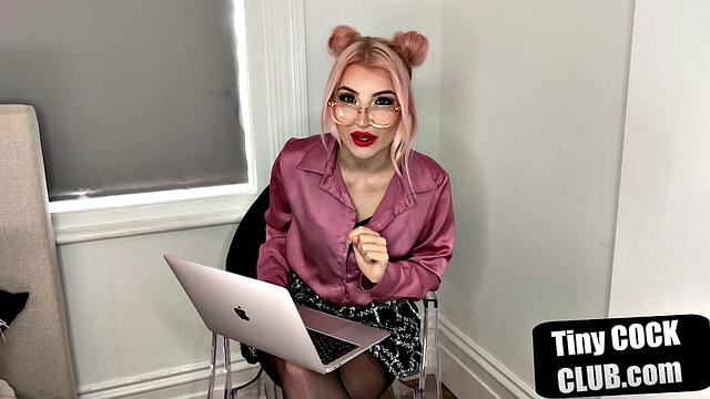 British dominatrix humiliates tiny cock submission with glasses and stockings on