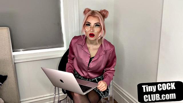 British dominatrix humiliates tiny cock submission with glasses and stockings on