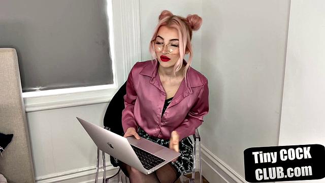 British dominatrix humiliates tiny cock submission with glasses and stockings on