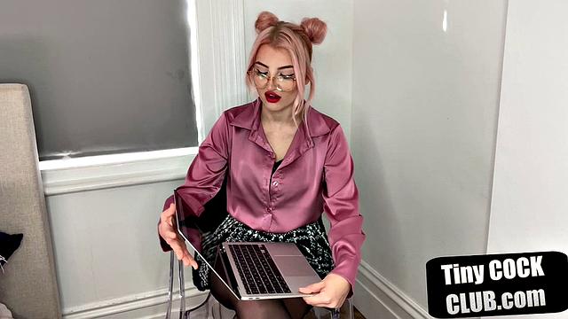 British dominatrix humiliates tiny cock submission with glasses and stockings on