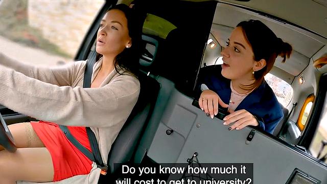 Busty lez driver strapon fucks nympho client in back seat