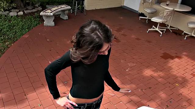 Latina with small tits gets her bald pussy pounded on the couch in POV reality action