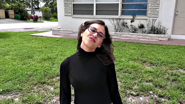 Latina with small tits gets her bald pussy pounded on the couch in POV reality action