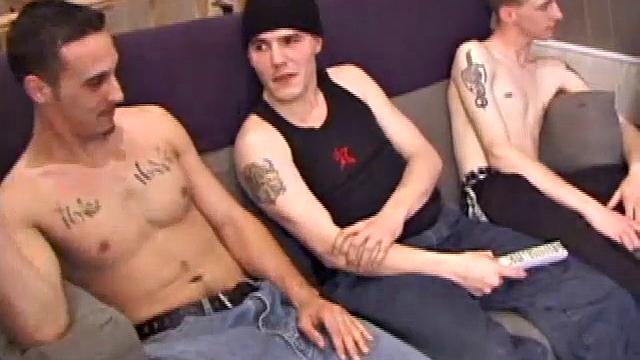 After coaxing Aaron and Ryan to strip, Timmy gets naked. It isn't long before all are exchanging blowjobs. Breathing heavily, Ryan unexpectedly busts a nut in his pubes, eats as much of it as he can find, and takes off.