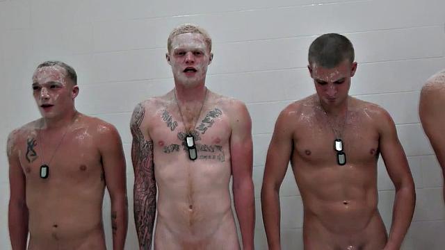 Army bottom in boots gets ass drilled & facialized in bathroom