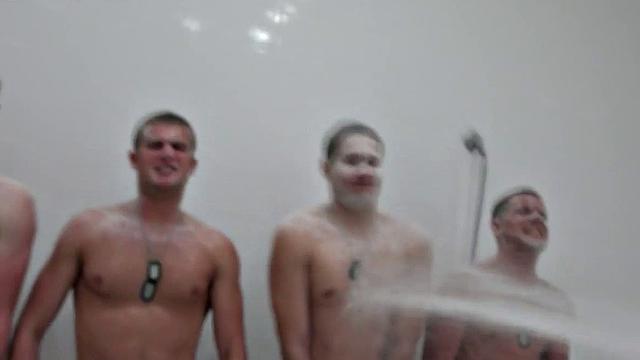 Army bottom in boots gets ass drilled & facialized in bathroom