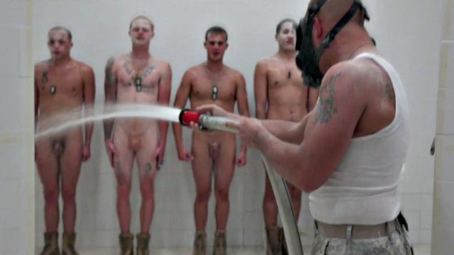 Army bottom in boots gets ass drilled & facialized in bathroom