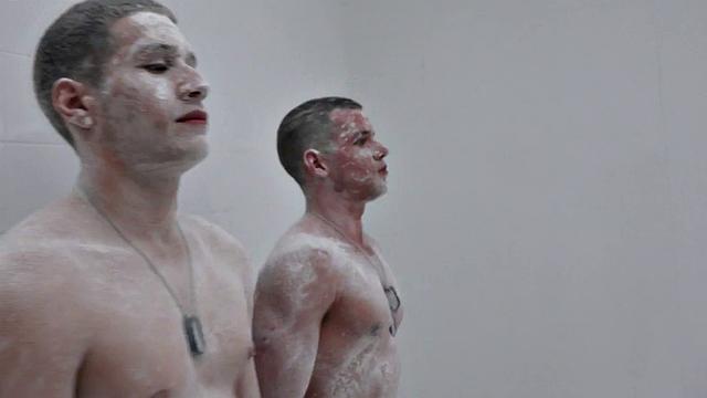 Army bottom in boots gets ass drilled & facialized in bathroom