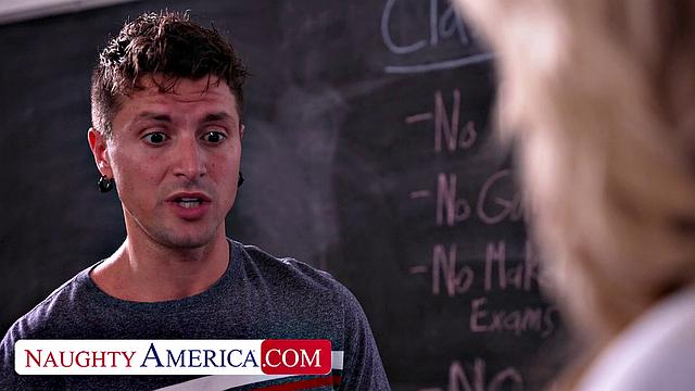 Busty blonde professor Rachael Cavalli takes student's cock to relieve her stress