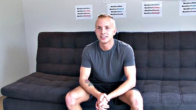 Shaved amateur strokes his hard dick at audition