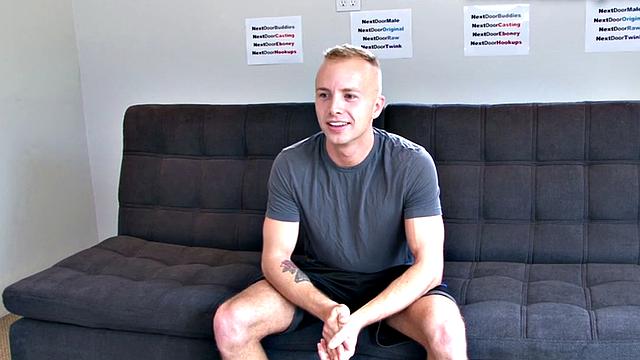 Shaved amateur strokes his hard dick at audition