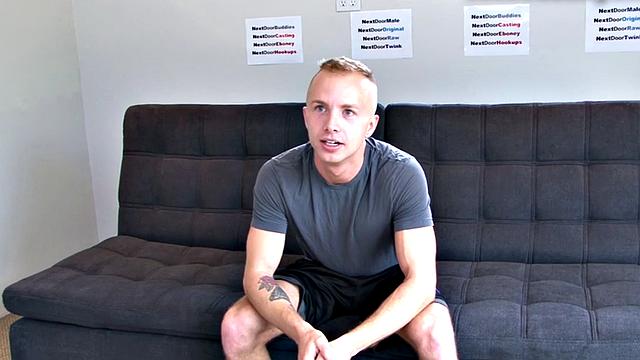 Shaved amateur strokes his hard dick at audition