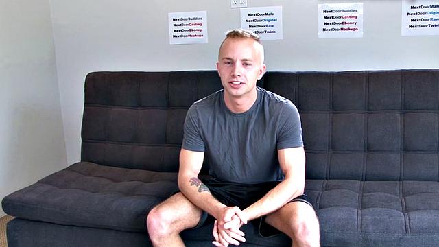 Shaved amateur strokes his hard dick at audition