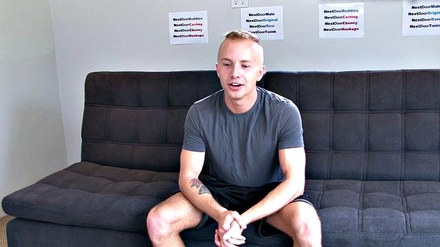 Shaved amateur strokes his hard dick at audition