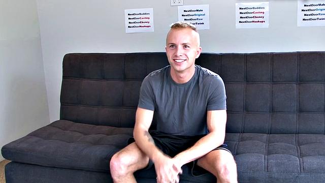 Shaved amateur strokes his hard dick at audition