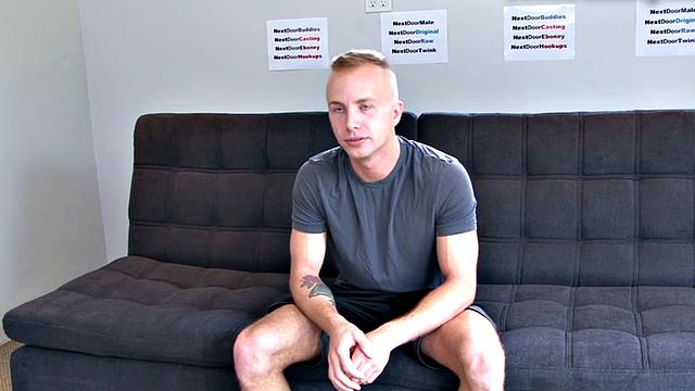 Shaved amateur strokes his hard dick at audition