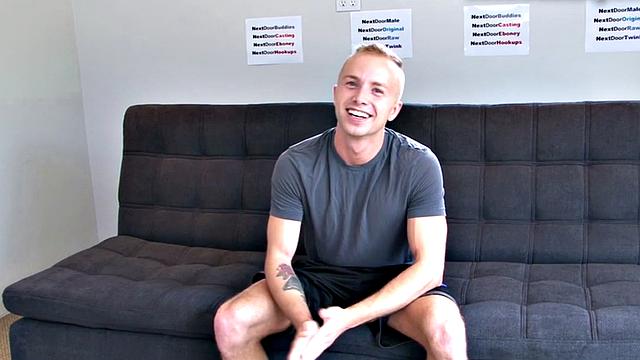 Shaved amateur strokes his hard dick at audition