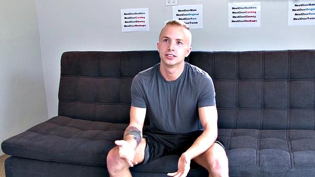 Shaved amateur strokes his hard dick at audition