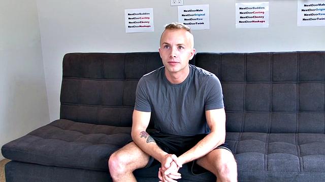 Shaved amateur strokes his hard dick at audition