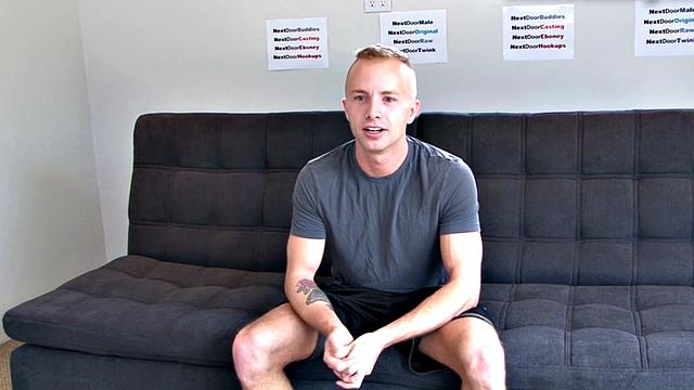 Shaved amateur strokes his hard dick at audition