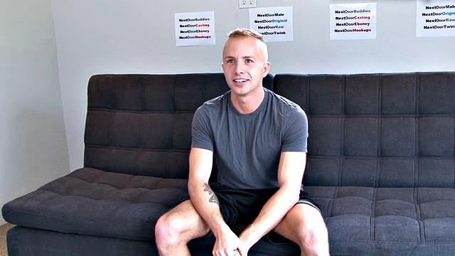 Shaved amateur strokes his hard dick at audition