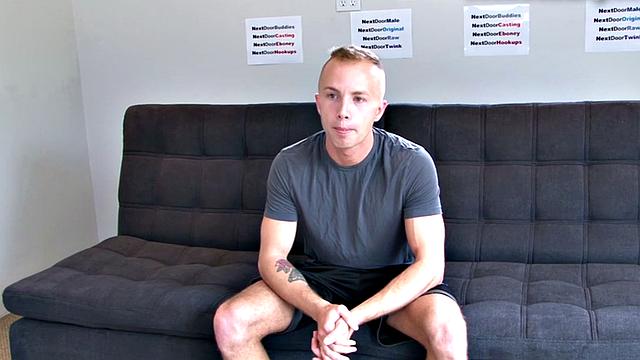 Shaved amateur strokes his hard dick at audition