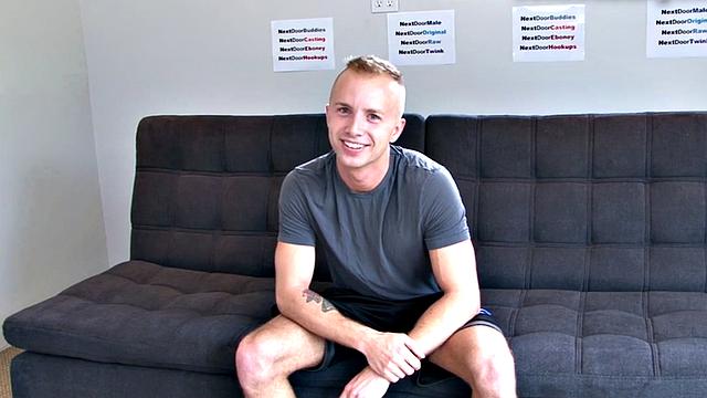 Shaved amateur strokes his hard dick at audition