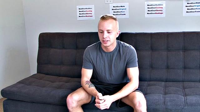 Shaved amateur strokes his hard dick at audition