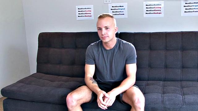 Shaved amateur strokes his hard dick at audition