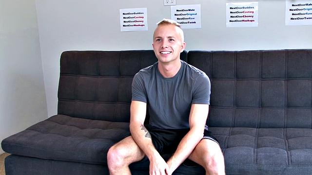 Shaved amateur strokes his hard dick at audition