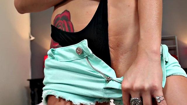 Amateur POV tattooed babe with small boobs rides cock