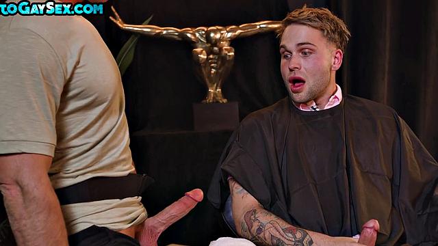 Gay hairdresser barebacks client's greedy ass till cumshot