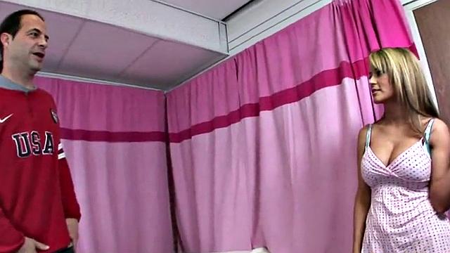 Busty blonde femdom jacks off cock