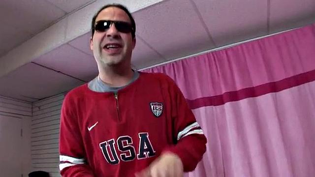 Busty blonde femdom jacks off cock