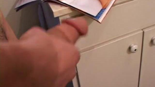 Dawson finds a magazine in the bathroom and decides to pleasure himself. A few minutes of cock stroking end with two cum shots.