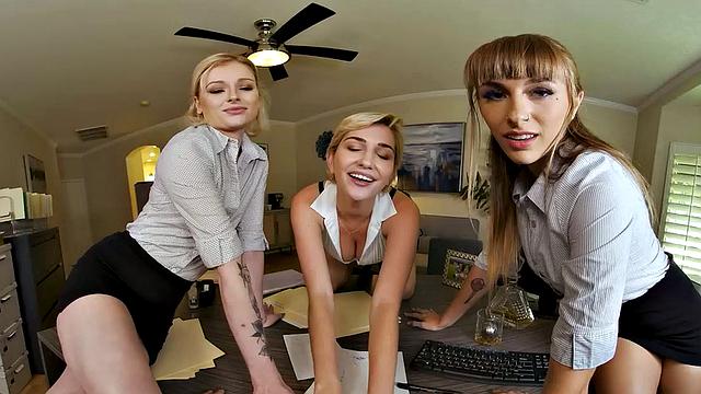 Sexy employees, Angel Youngs, Skye Blue, & Hyley Winters, tag-team the bos to advance in the company