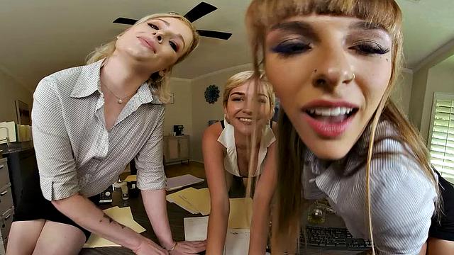 Sexy employees, Angel Youngs, Skye Blue, & Hyley Winters, tag-team the bos to advance in the company