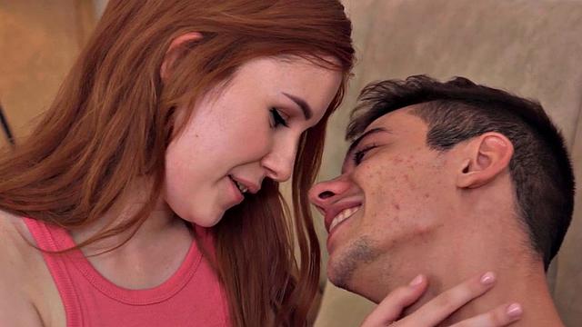 Redhead 21yo GF with small boobs sucks and rides BF