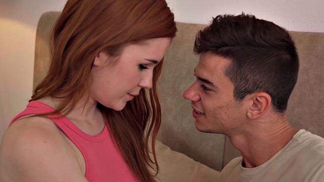 Redhead 21yo GF with small boobs sucks and rides BF