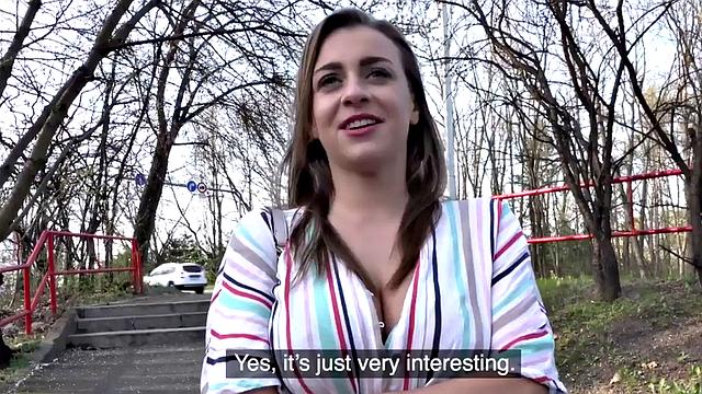 Picked up busty babe sucks dick outdoors