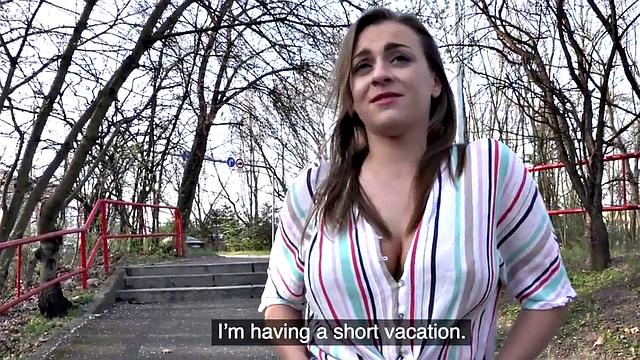 Picked up busty babe sucks dick outdoors