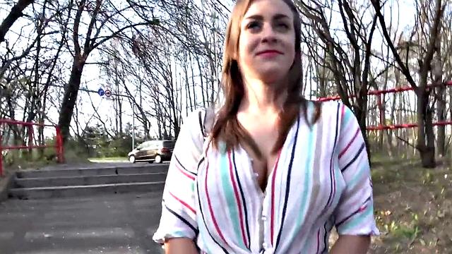 Picked up busty babe sucks dick outdoors